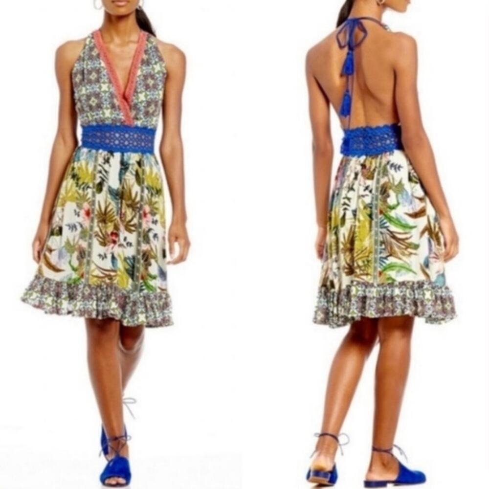 NWT Chelsea & Violet Tropical Patchwork Halter Maxi Dress Lace Tassel Resort L